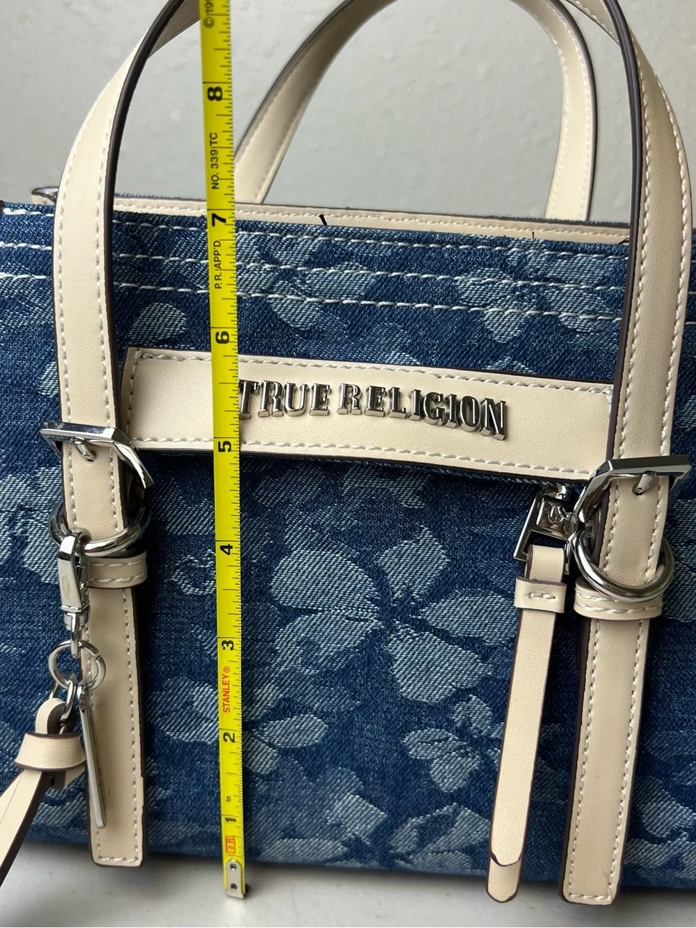 True Religion Blue Floral Denim Tote Purse Shoulder Bag with Cream Trim